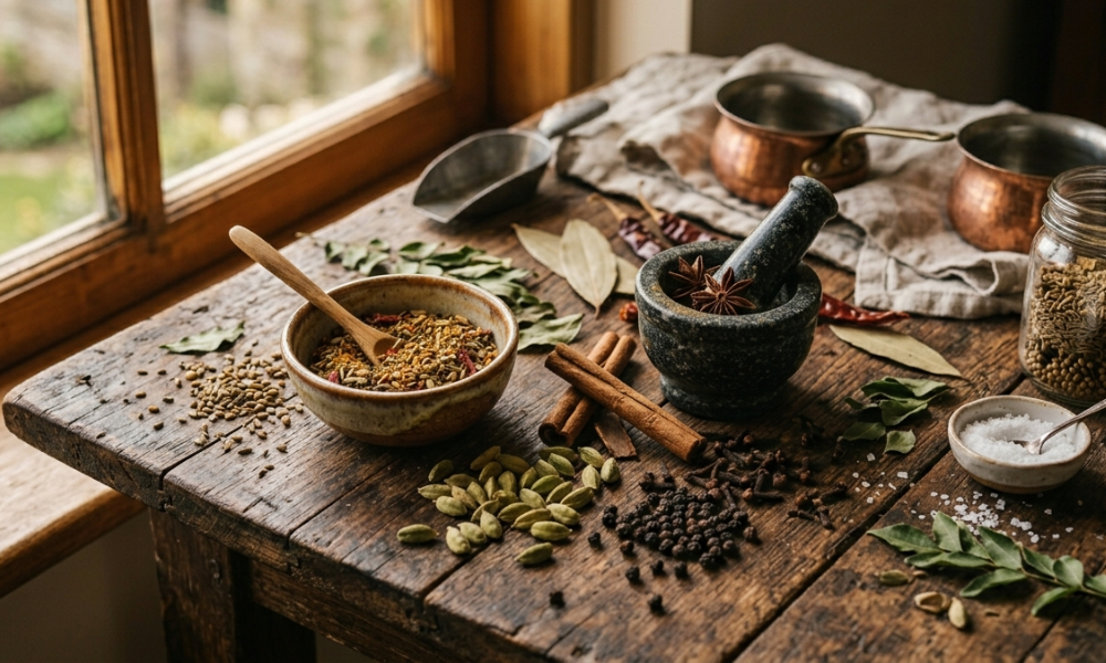 Chha Gosht ingredients with Himachali spices and yogurt marination setup