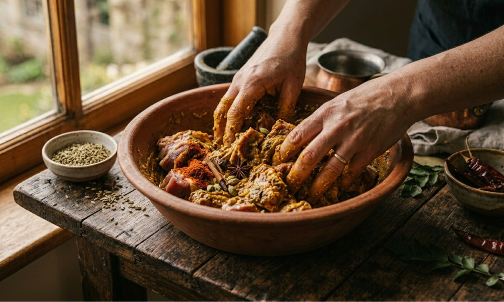 Chha Gosht cooking process with yogurt marination of mutton and spices