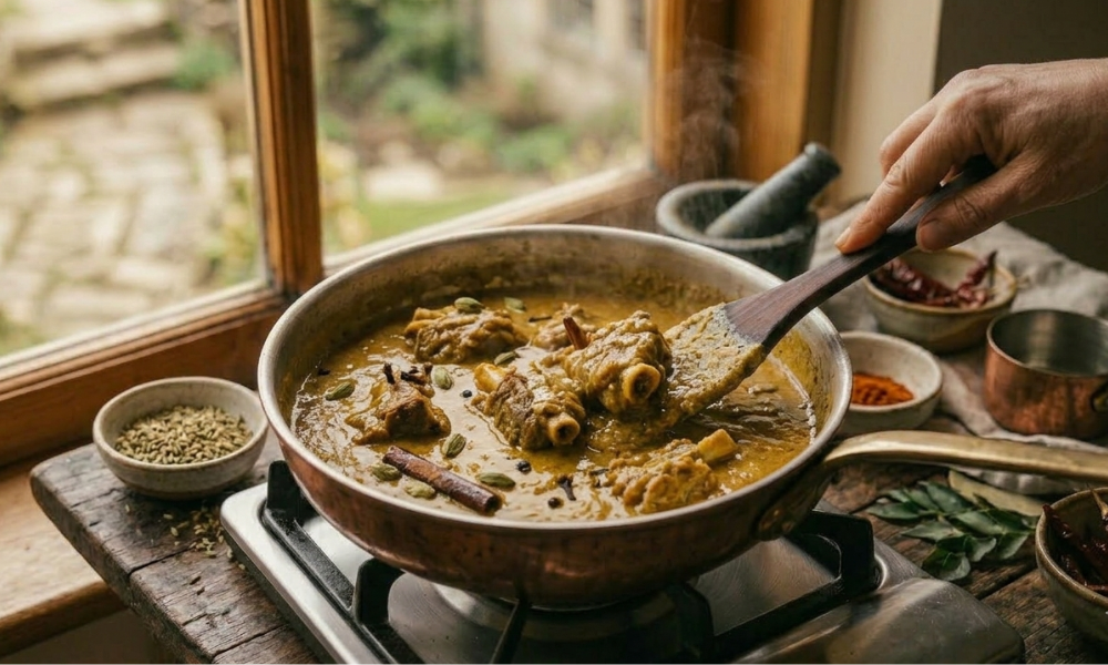 Chha Gosht cooking process with slow-cooked mutton curry in yogurt gravy