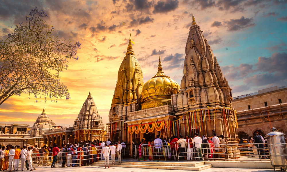 Kashi Vishwanath Temple Varanasi with devotees during darshan at sunrise