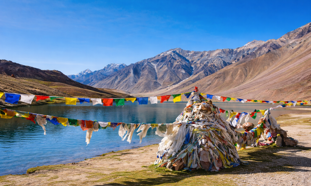 Colorful prayer flags flutter beside the crystal-clear waters of Chandratal Lake, surrounded by rugged Himalayan mountains under a bright blue sky.